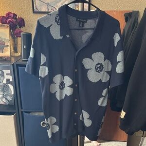 Navy Floral Knit Polo Shirt